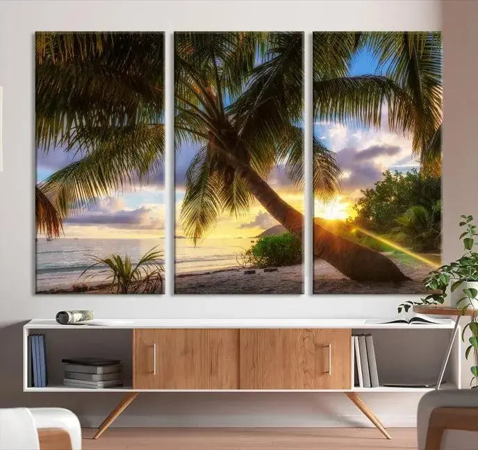 Tropical Island Sunset on the Beach Palms Wall Art Canvas Print 