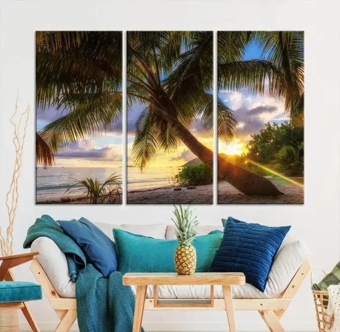 The Tropical Island Sunset on the Beach Palms Wall Art Canvas Print, featuring a gallery-wrapped finish, adds a stunning visual element to the space.