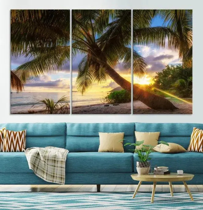 The Tropical Island Sunset on the Beach Palms Wall Art Canvas Print, featuring a gallery-wrapped finish, adds a stunning visual element to the space.