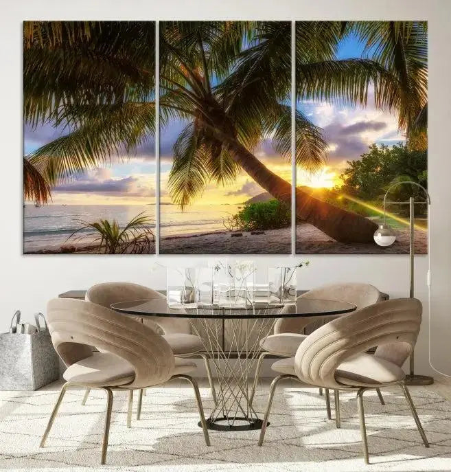 The Tropical Island Sunset on the Beach Palms Wall Art Canvas Print, featuring a gallery-wrapped finish, adds a stunning visual element to the space.