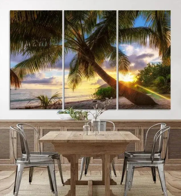 The Tropical Island Sunset on the Beach Palms Wall Art Canvas Print, featuring a gallery-wrapped finish, adds a stunning visual element to the space.