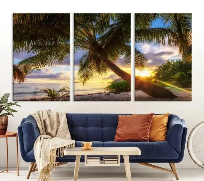 The Tropical Island Sunset on the Beach Palms Wall Art Canvas Print, featuring a gallery-wrapped finish, adds a stunning visual element to the space.