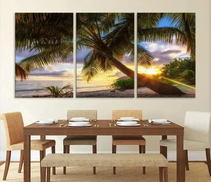 The Tropical Island Sunset on the Beach Palms Wall Art Canvas Print, featuring a gallery-wrapped finish, adds a stunning visual element to the space.