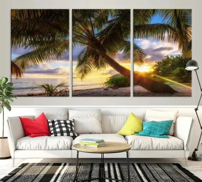 Tropical Island Sunset on the Beach Palms Wall Art Canvas Print 