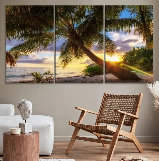 The Tropical Island Sunset on the Beach Palms Wall Art Canvas Print, featuring a gallery-wrapped finish, adds a stunning visual element to the space.