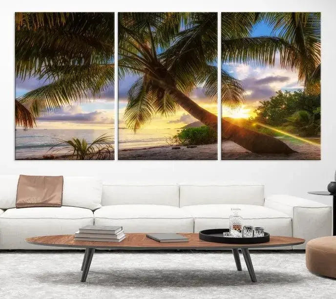 The Tropical Island Sunset on the Beach Palms Wall Art Canvas Print, featuring a gallery-wrapped finish, adds a stunning visual element to the space.