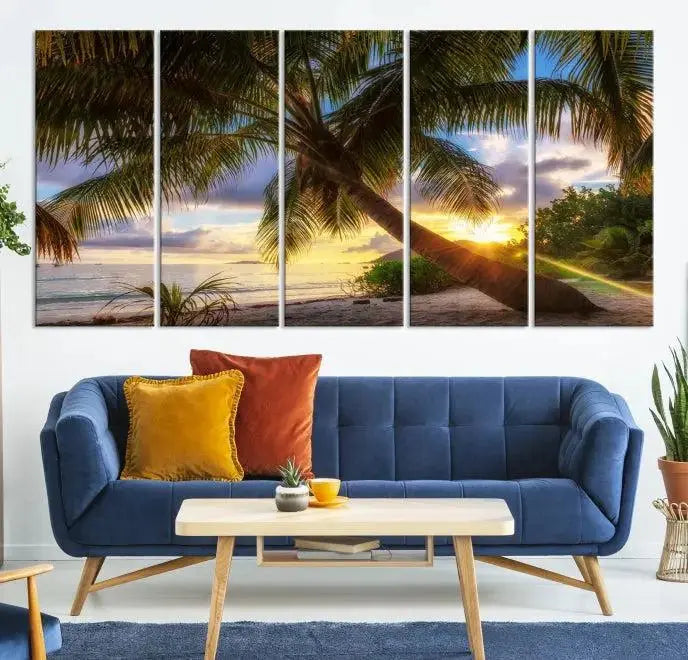 The Tropical Island Sunset on the Beach Palms Wall Art Canvas Print, featuring a gallery-wrapped finish, adds a stunning visual element to the space.