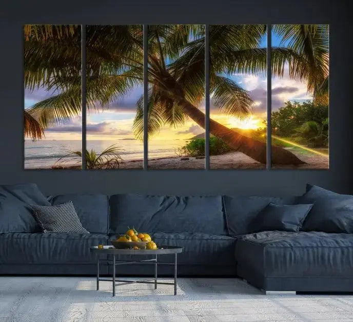 The Tropical Island Sunset on the Beach Palms Wall Art Canvas Print, featuring a gallery-wrapped finish, adds a stunning visual element to the space.