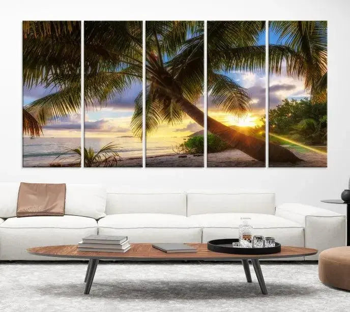 The Tropical Island Sunset on the Beach Palms Wall Art Canvas Print, featuring a gallery-wrapped finish, adds a stunning visual element to the space.