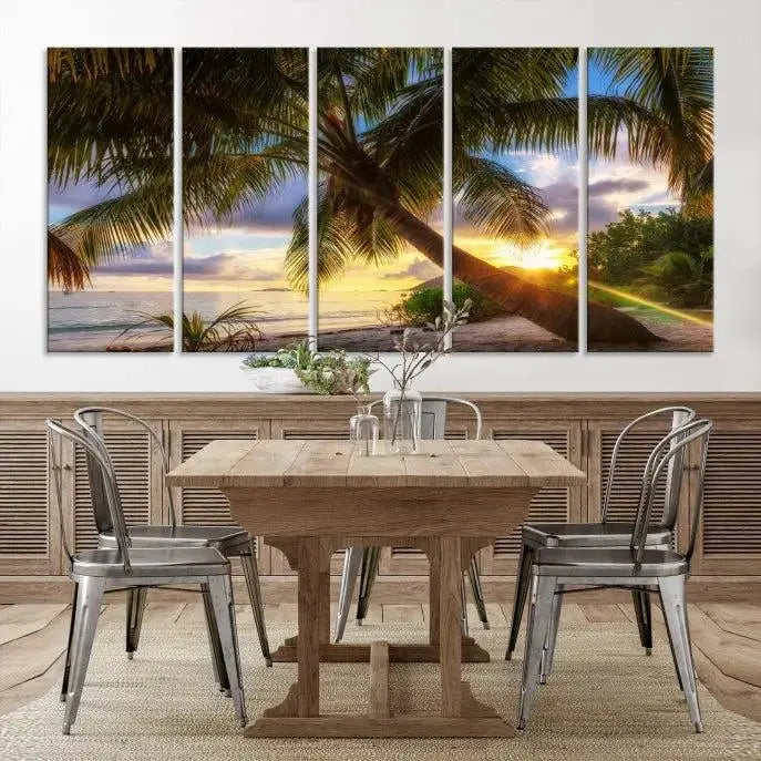 The Tropical Island Sunset on the Beach Palms Wall Art Canvas Print, featuring a gallery-wrapped finish, adds a stunning visual element to the space.