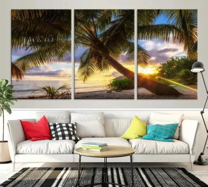 Tropical Island Sunset on the Beach Palms Wall Art Canvas Print