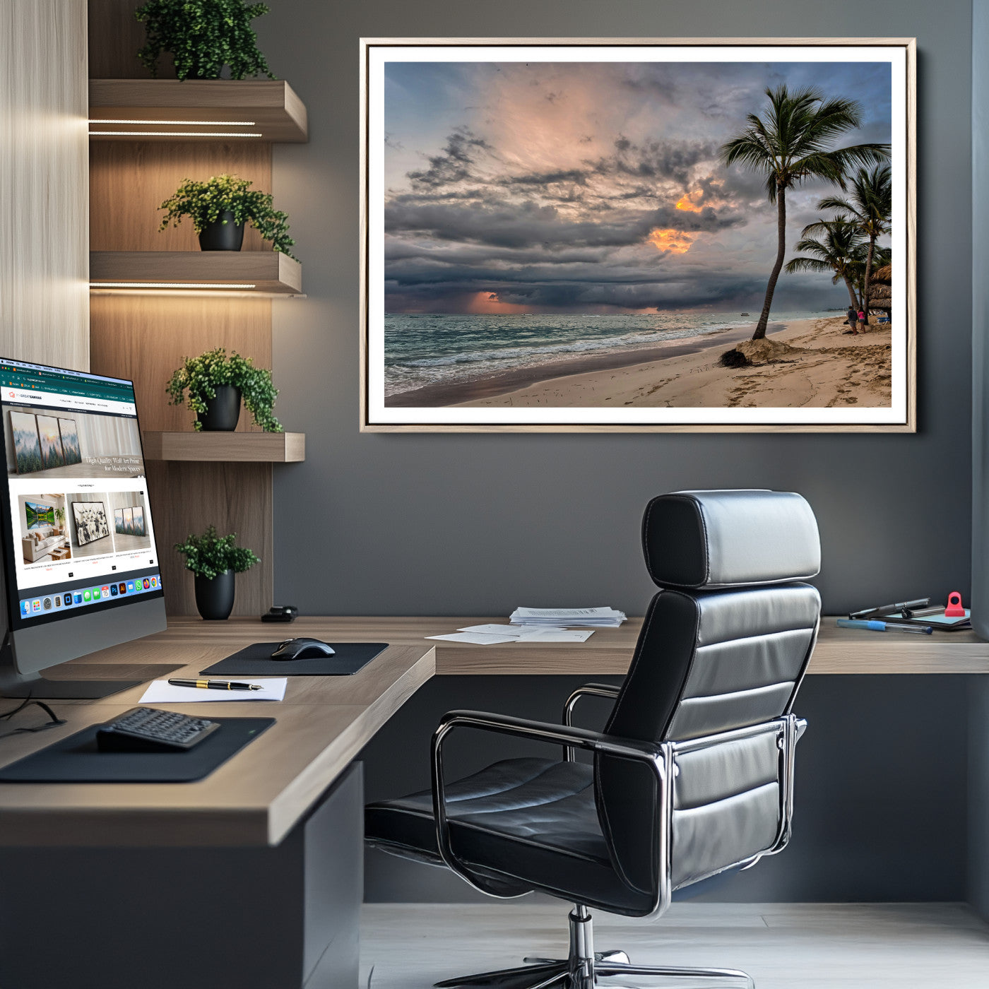 62574547-MGC-FP-36x24_Natural-Tropical Storm Wall Art Canvas Print, Moody Beach Print, Framed Dramatic Sky Art Print, Large Palm Tree Coast Printing Tropical