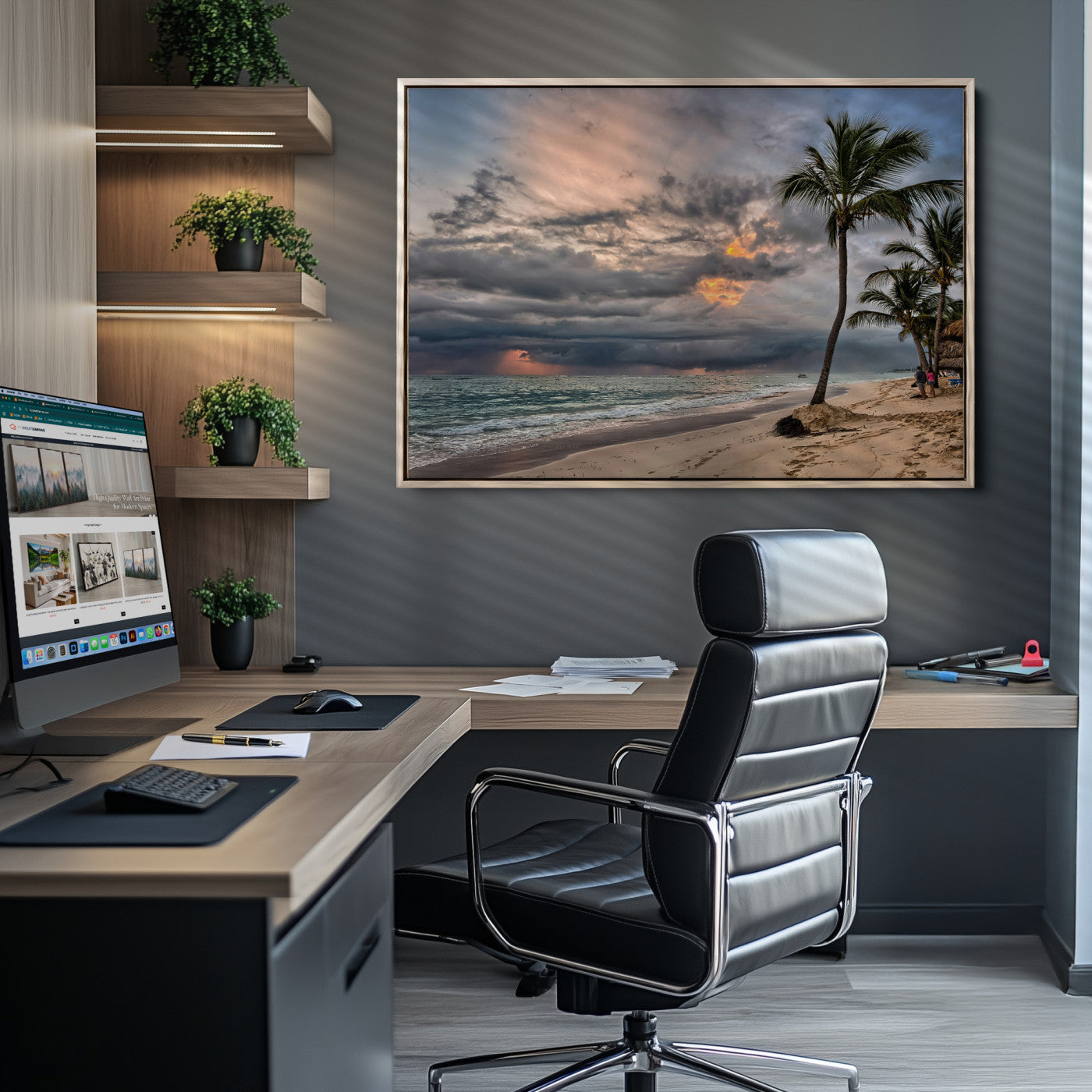 Tropical Storm Wall Art Canvas Print, Moody Beach Print, Framed Dramatic Sky Art Print, Large Palm Tree Coast Printing Tropical