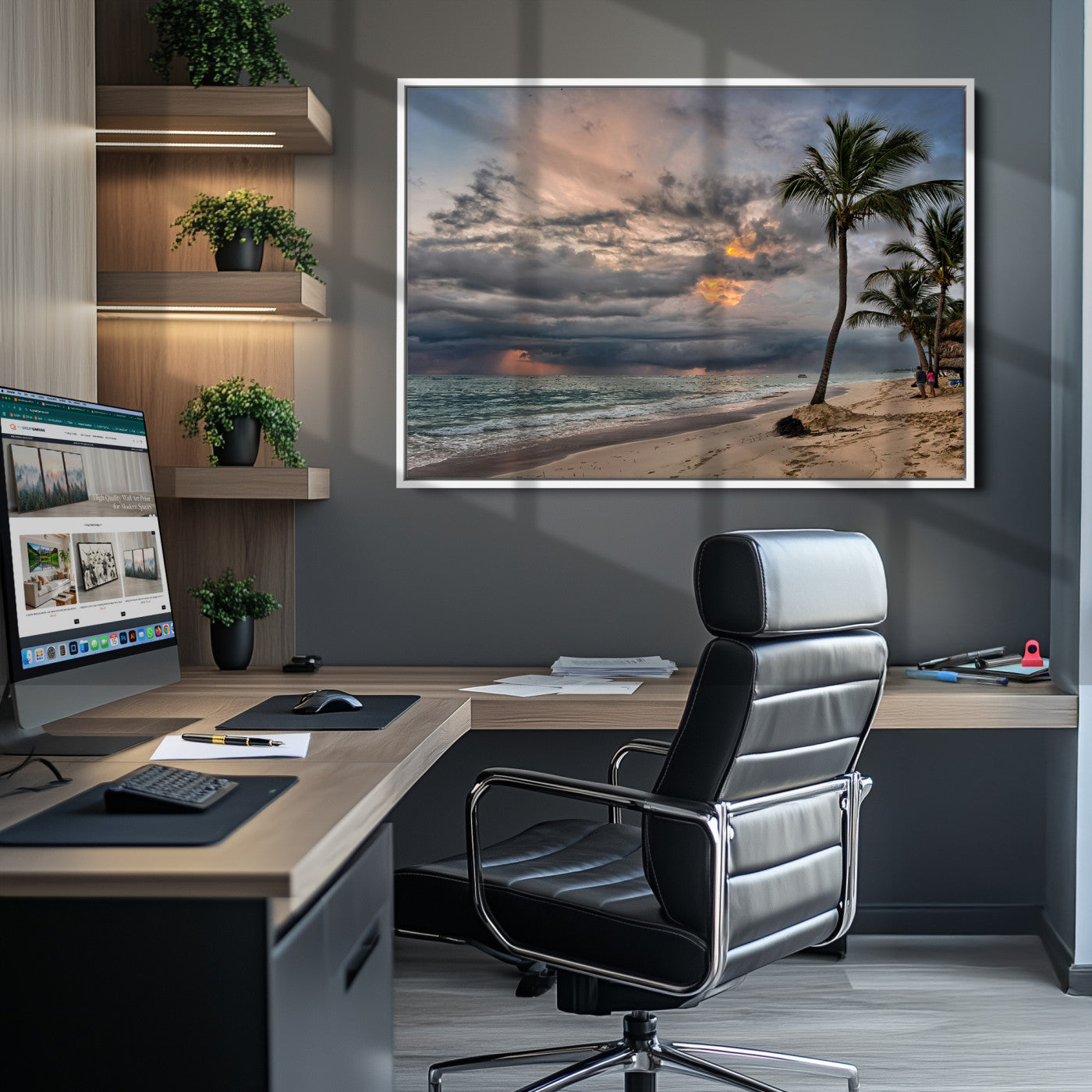 Tropical Storm Wall Art Canvas Print, Moody Beach Print, Framed Dramatic Sky Art Print, Large Palm Tree Coast Printing Tropical