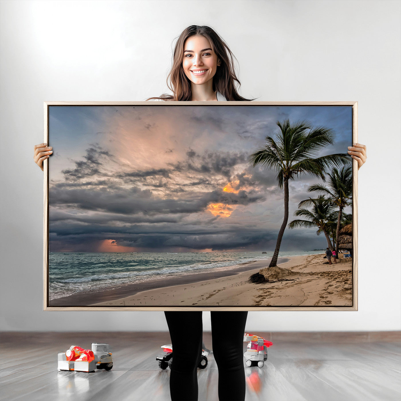 Tropical Storm Wall Art Canvas Print, Moody Beach Print, Framed Dramatic Sky Art Print, Large Palm Tree Coast Printing Tropical