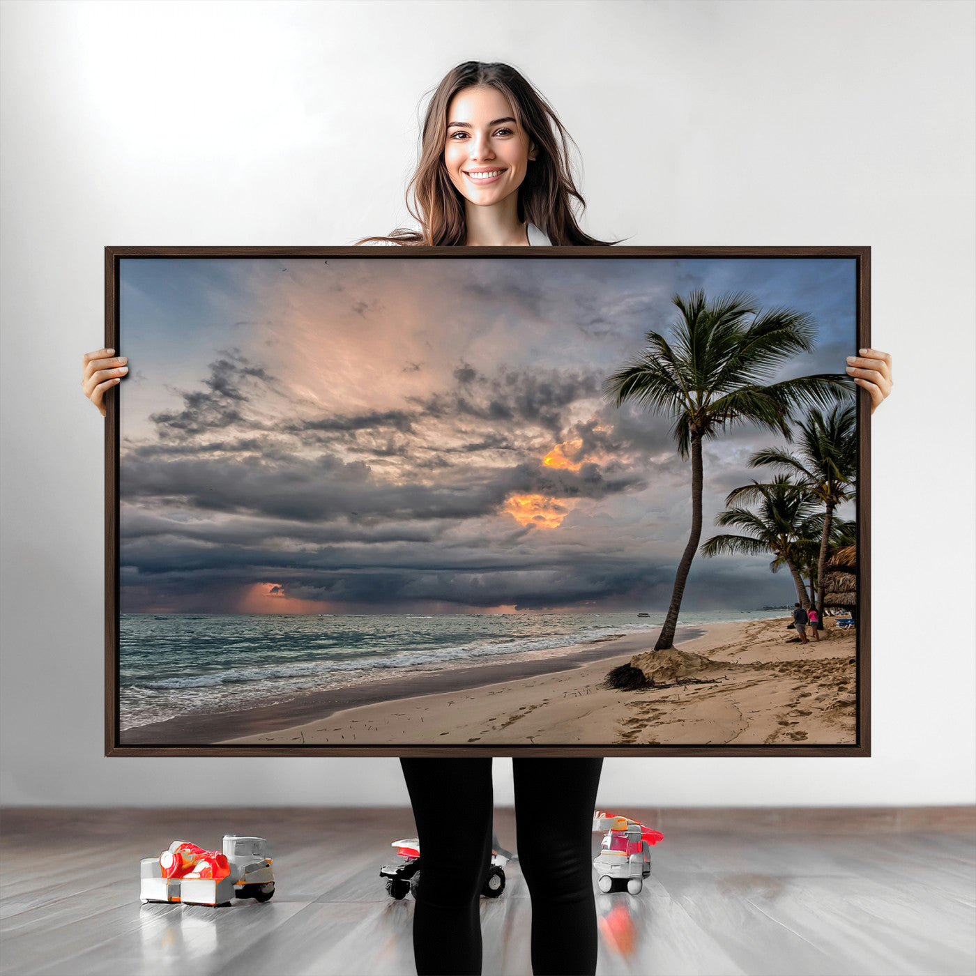 Tropical Storm Wall Art Canvas Print, Moody Beach Print, Framed Dramatic Sky Art Print, Large Palm Tree Coast Printing Tropical