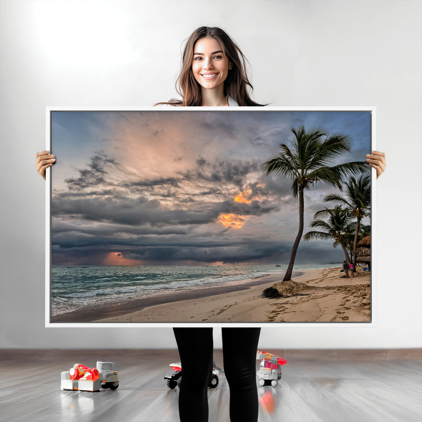 Tropical Storm Wall Art Canvas Print, Moody Beach Print, Framed Dramatic Sky Art Print, Large Palm Tree Coast Printing Tropical