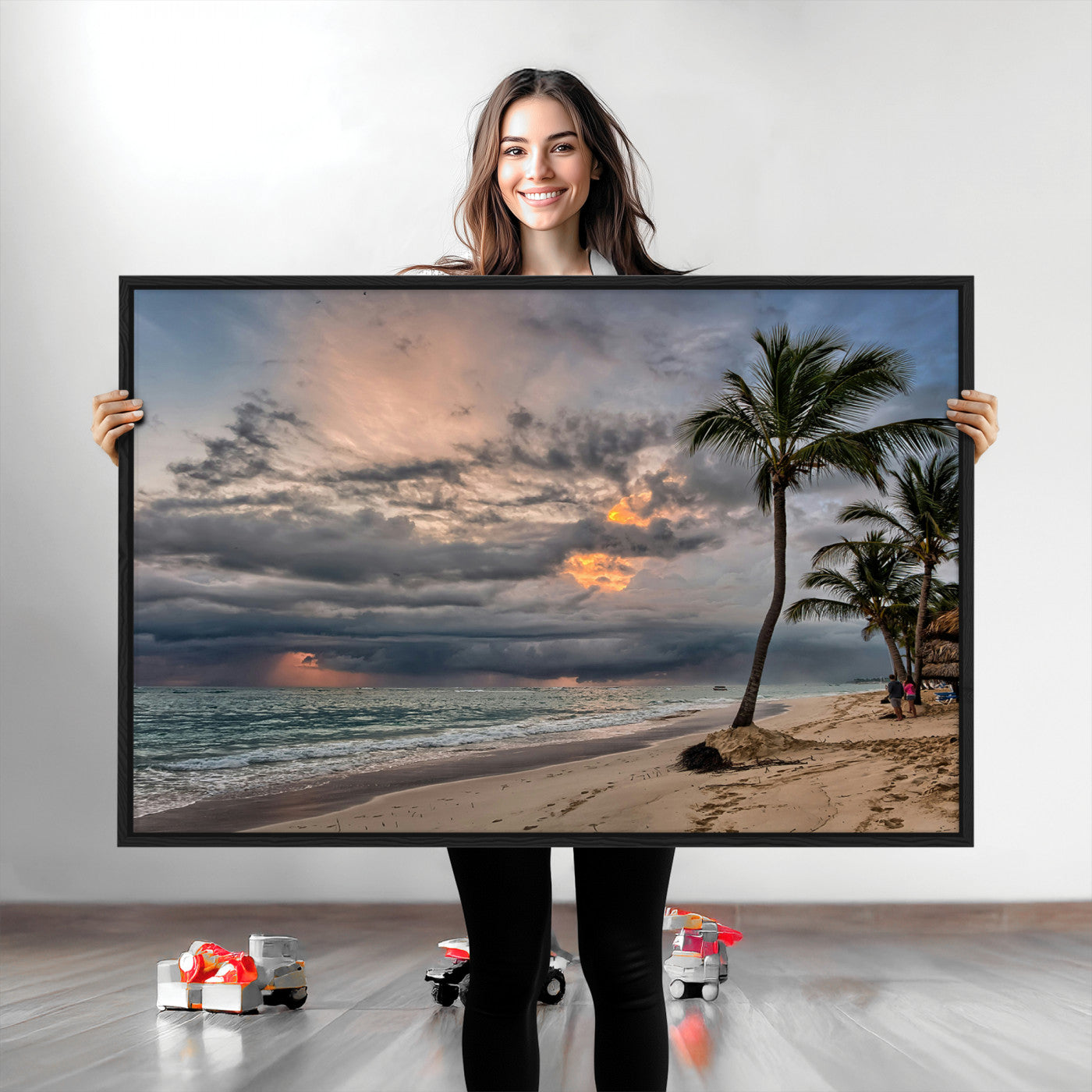 Tropical Storm Wall Art Canvas Print, Moody Beach Print, Framed Dramatic Sky Art Print, Large Palm Tree Coast Printing Tropical