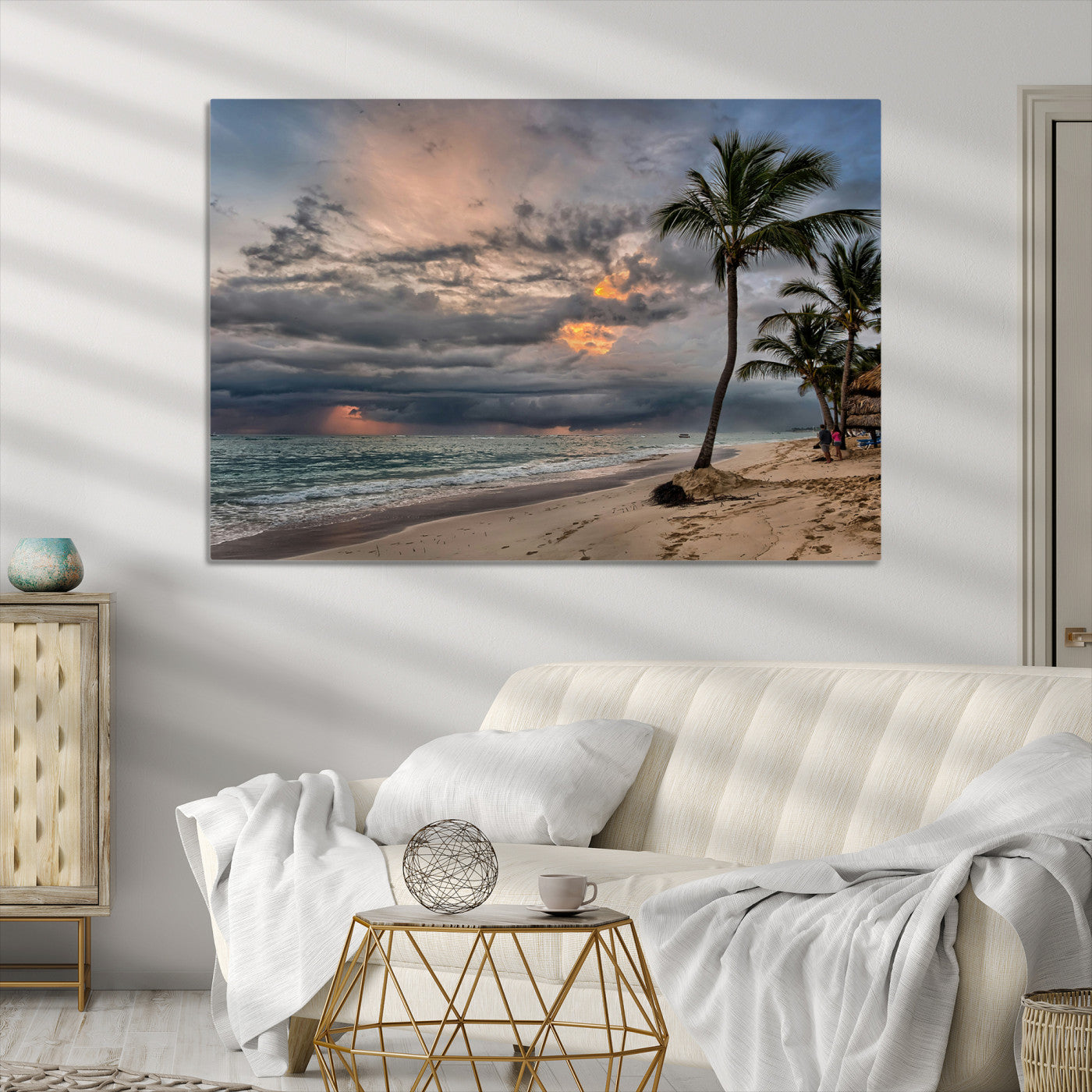 Tropical Storm Wall Art Canvas Print, Moody Beach Print, Framed Dramatic Sky Art Print, Large Palm Tree Coast Printing Tropical