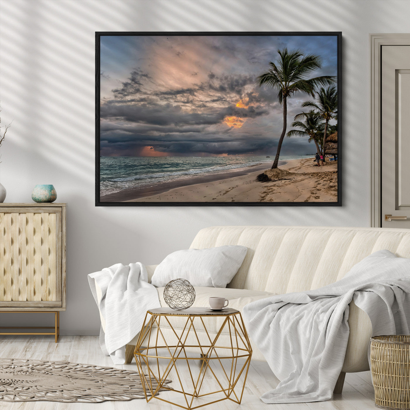 Tropical Storm Wall Art Canvas Print, Moody Beach Print, Framed Dramatic Sky Art Print, Large Palm Tree Coast Printing Tropical