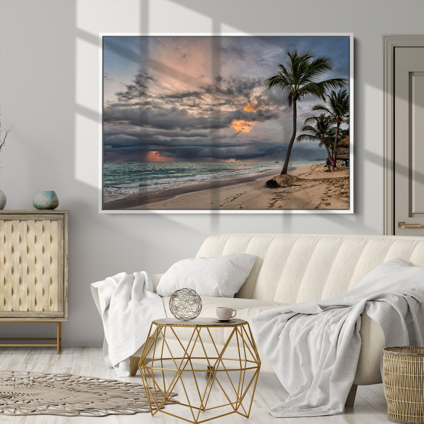 Tropical Storm Wall Art Canvas Print, Moody Beach Print, Framed Dramatic Sky Art Print, Large Palm Tree Coast Printing Tropical