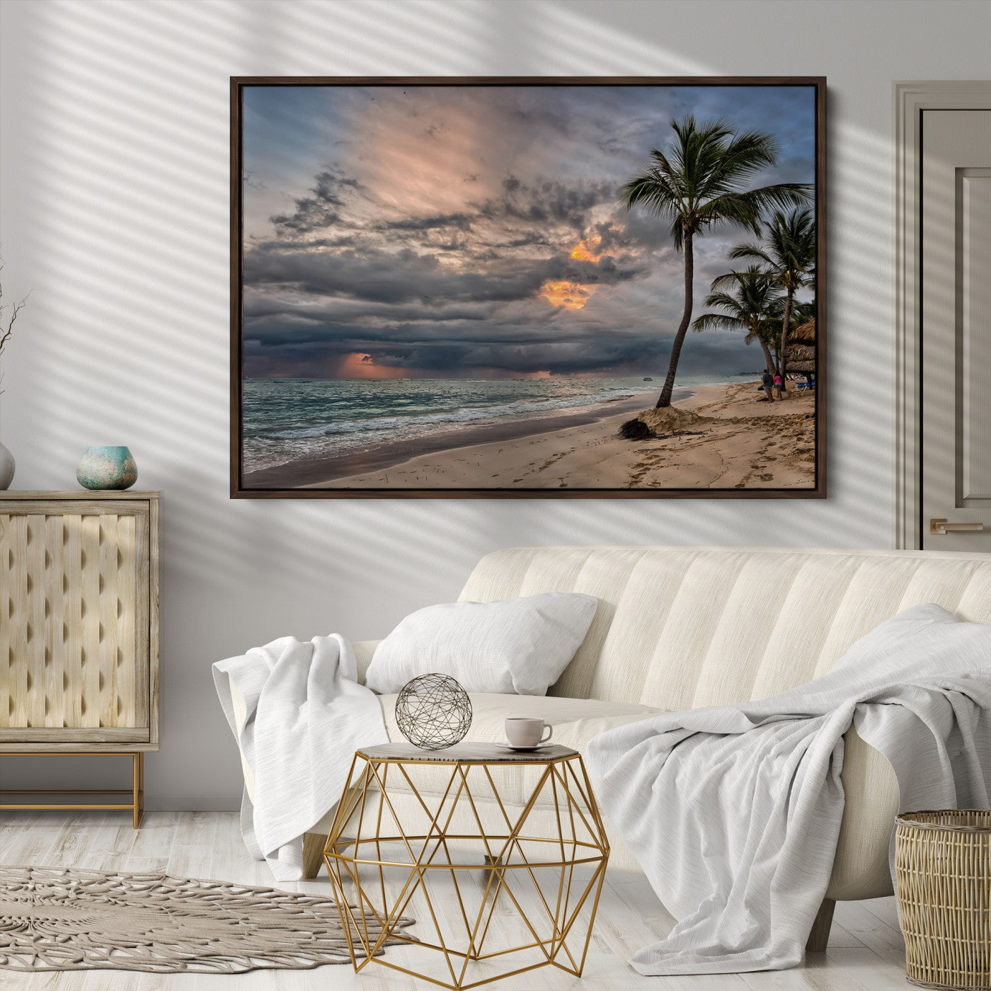 Tropical Storm Wall Art Canvas Print, Moody Beach Print, Framed Dramatic Sky Art Print, Large Palm Tree Coast Printing Tropical