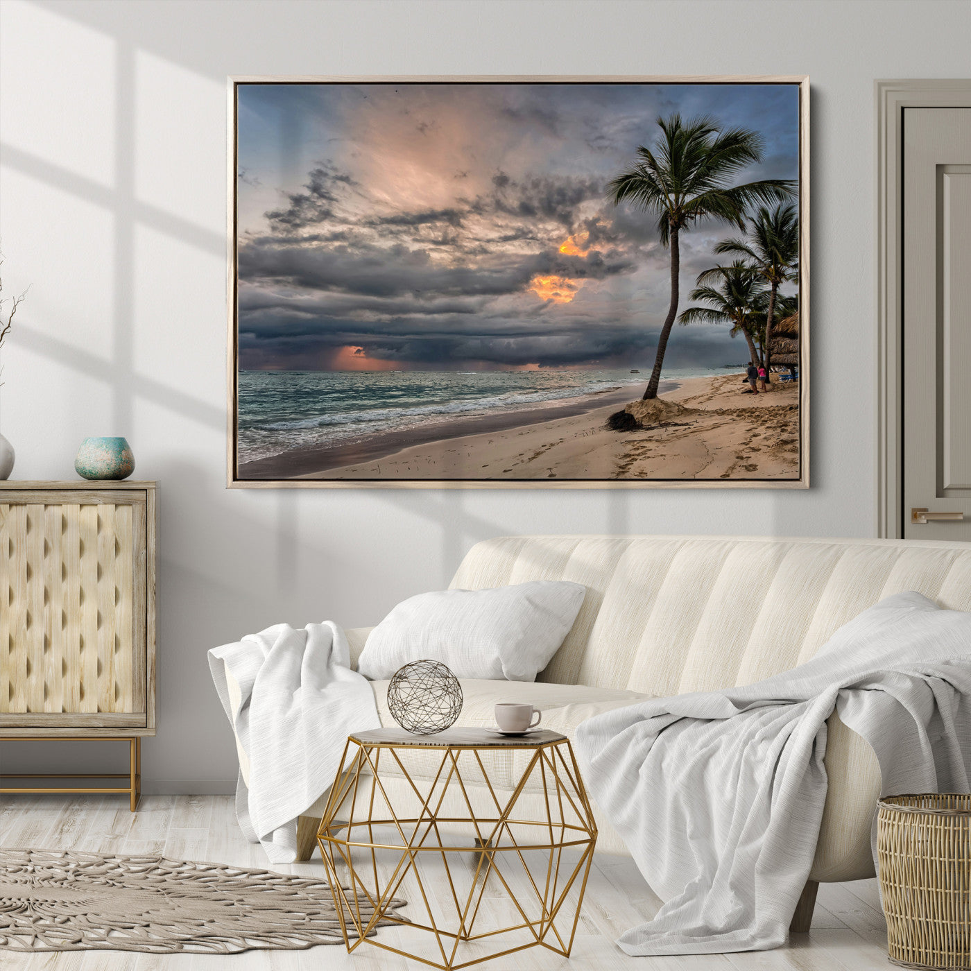 Tropical Storm Wall Art Canvas Print, Moody Beach Print, Framed Dramatic Sky Art Print, Large Palm Tree Coast Printing Tropical