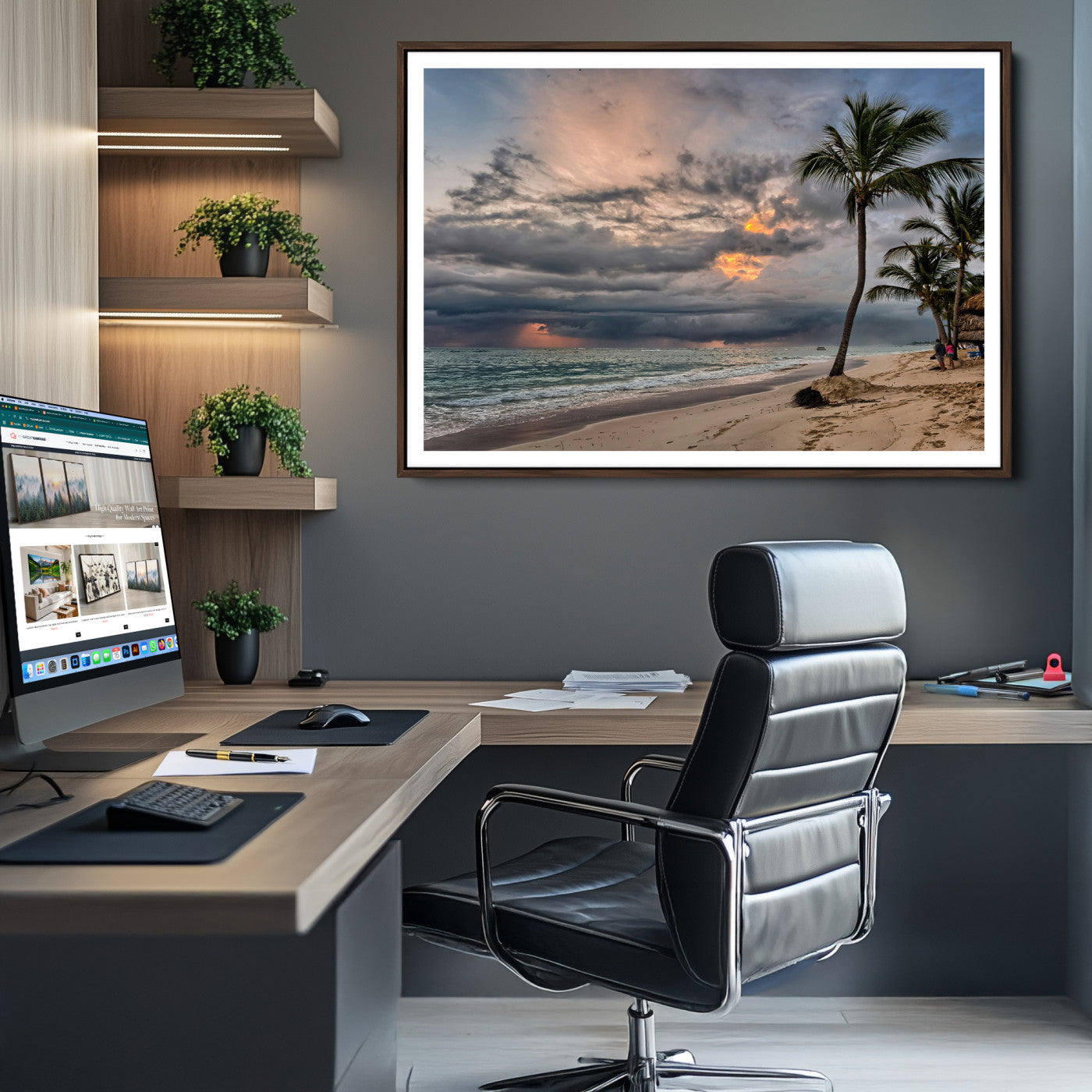 Tropical Storm Wall Art Canvas Print, Moody Beach Print, Framed Dramatic Sky Art Print, Large Palm Tree Coast Printing Tropical