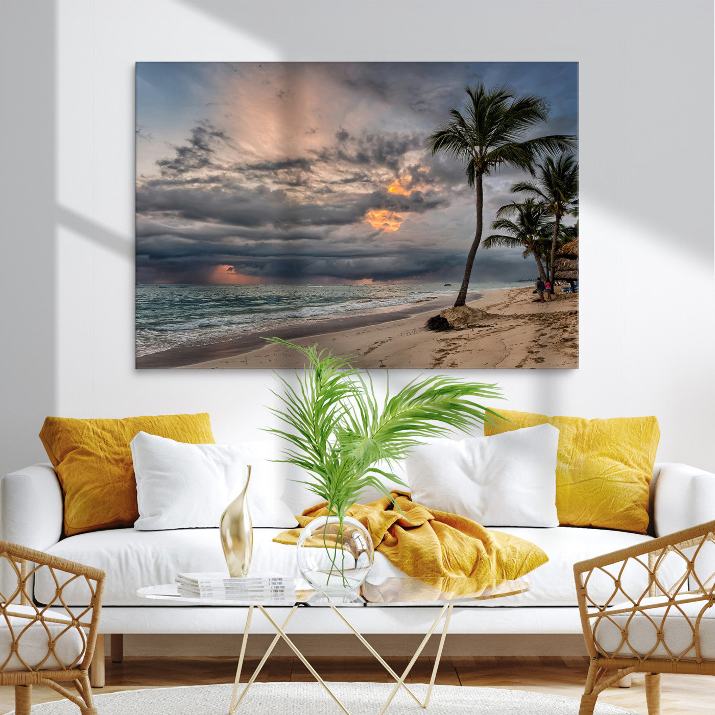 Tropical Storm Wall Art Canvas Print, Moody Beach Print, Framed Dramatic Sky Art Print, Large Palm Tree Coast Printing Tropical