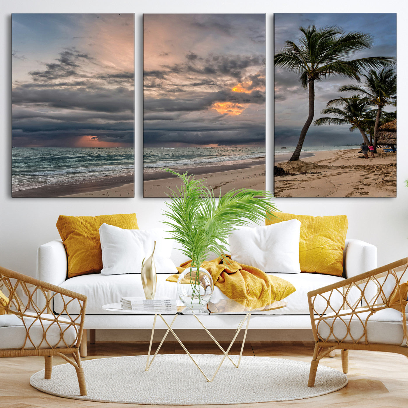 62574547-MGV-CV-36X24-Tropical Storm Wall Art Canvas Print, Moody Beach Print, Framed Dramatic Sky Art Print, Large Palm Tree Coast Printing Tropical