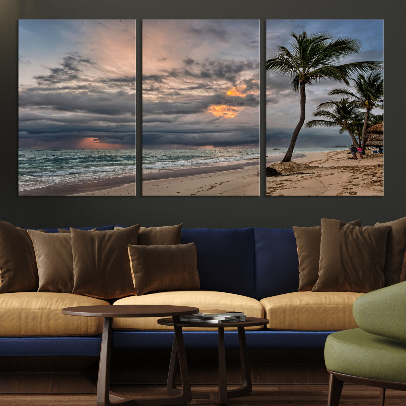 62574547-MGV-CV-36X24-Tropical Storm Wall Art Canvas Print, Moody Beach Print, Framed Dramatic Sky Art Print, Large Palm Tree Coast Printing Tropical