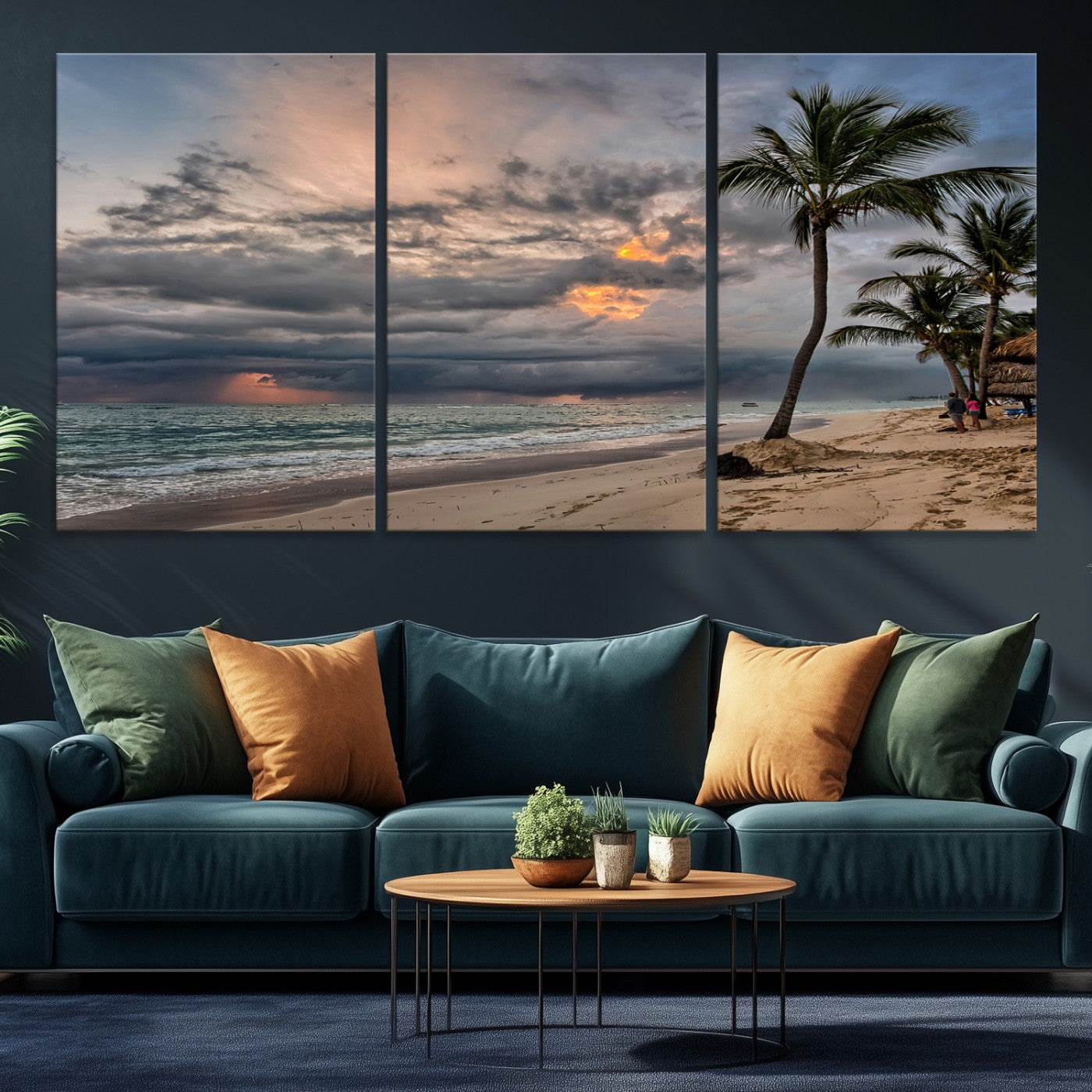 62574547-MGV-CV-36X24-Tropical Storm Wall Art Canvas Print, Moody Beach Print, Framed Dramatic Sky Art Print, Large Palm Tree Coast Printing Tropical