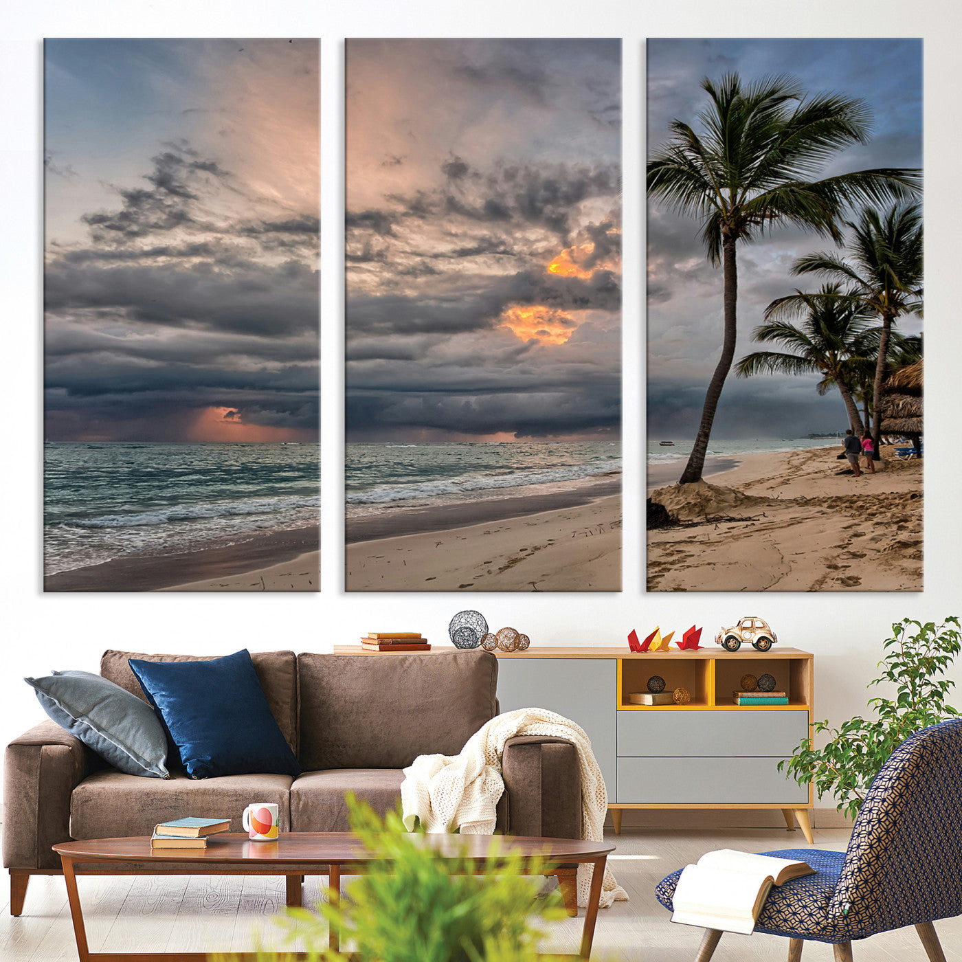 62574547-MGV-CV-36X24-Tropical Storm Wall Art Canvas Print, Moody Beach Print, Framed Dramatic Sky Art Print, Large Palm Tree Coast Printing Tropical