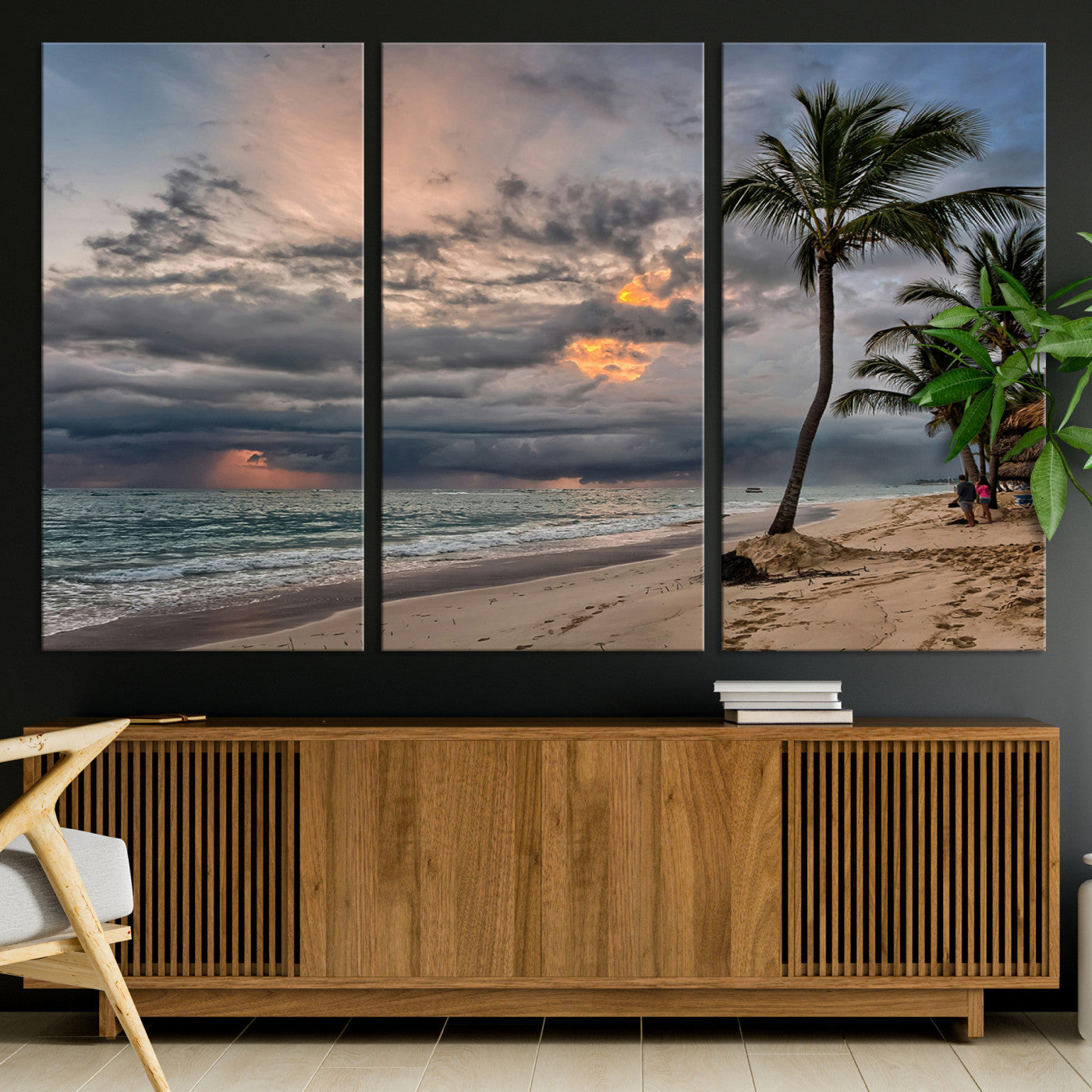62574547-MGV-CV-36X24-Tropical Storm Wall Art Canvas Print, Moody Beach Print, Framed Dramatic Sky Art Print, Large Palm Tree Coast Printing Tropical
