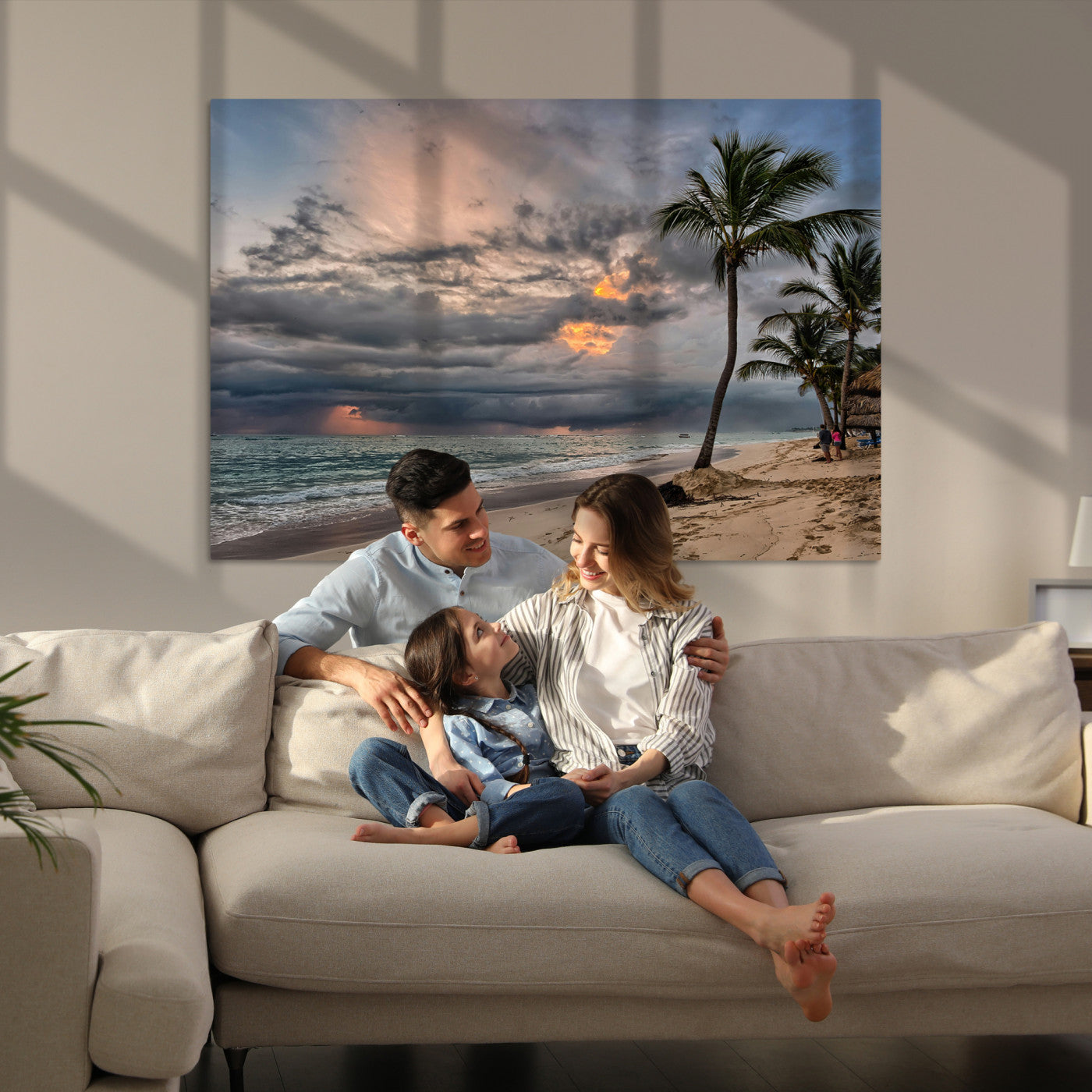 Tropical Storm Wall Art Canvas Print, Moody Beach Print, Framed Dramatic Sky Art Print, Large Palm Tree Coast Printing Tropical