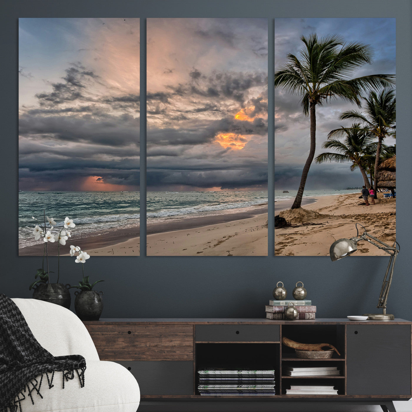 62574547-MGV-CV-36X24-Tropical Storm Wall Art Canvas Print, Moody Beach Print, Framed Dramatic Sky Art Print, Large Palm Tree Coast Printing Tropical