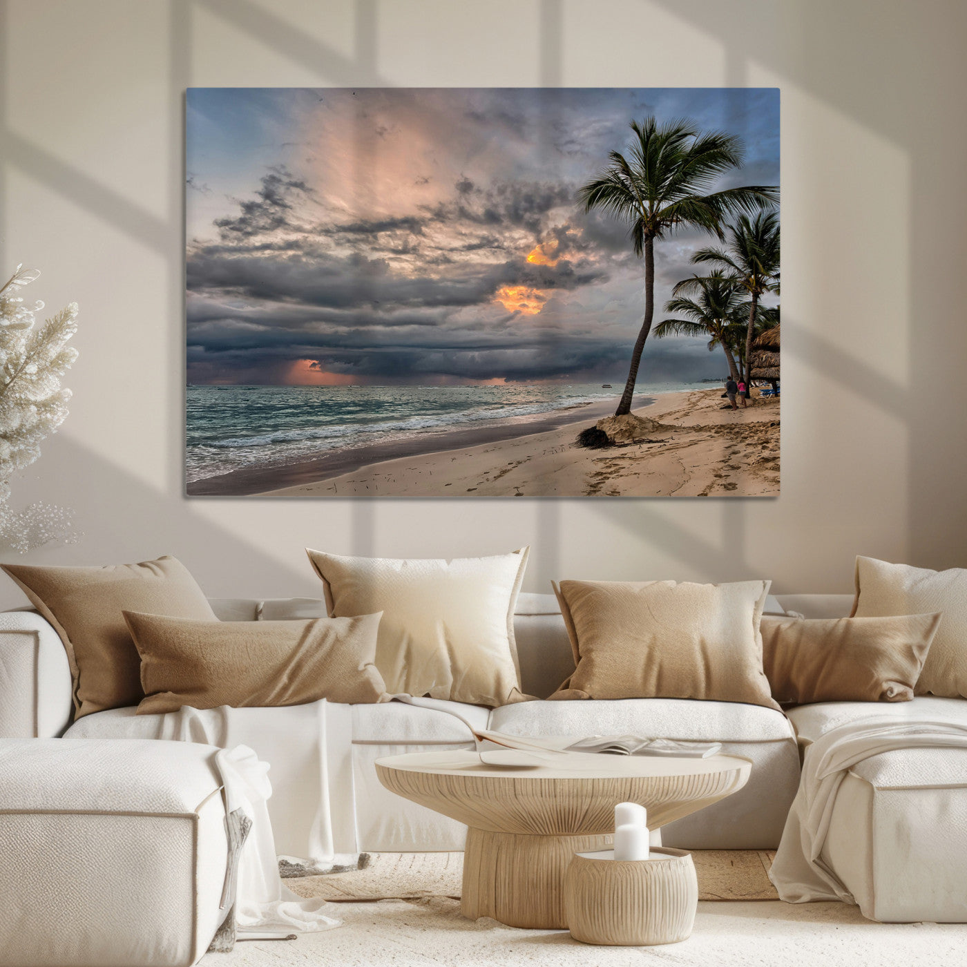Tropical Storm Wall Art Canvas Print, Moody Beach Print, Framed Dramatic Sky Art Print, Large Palm Tree Coast Printing Tropical