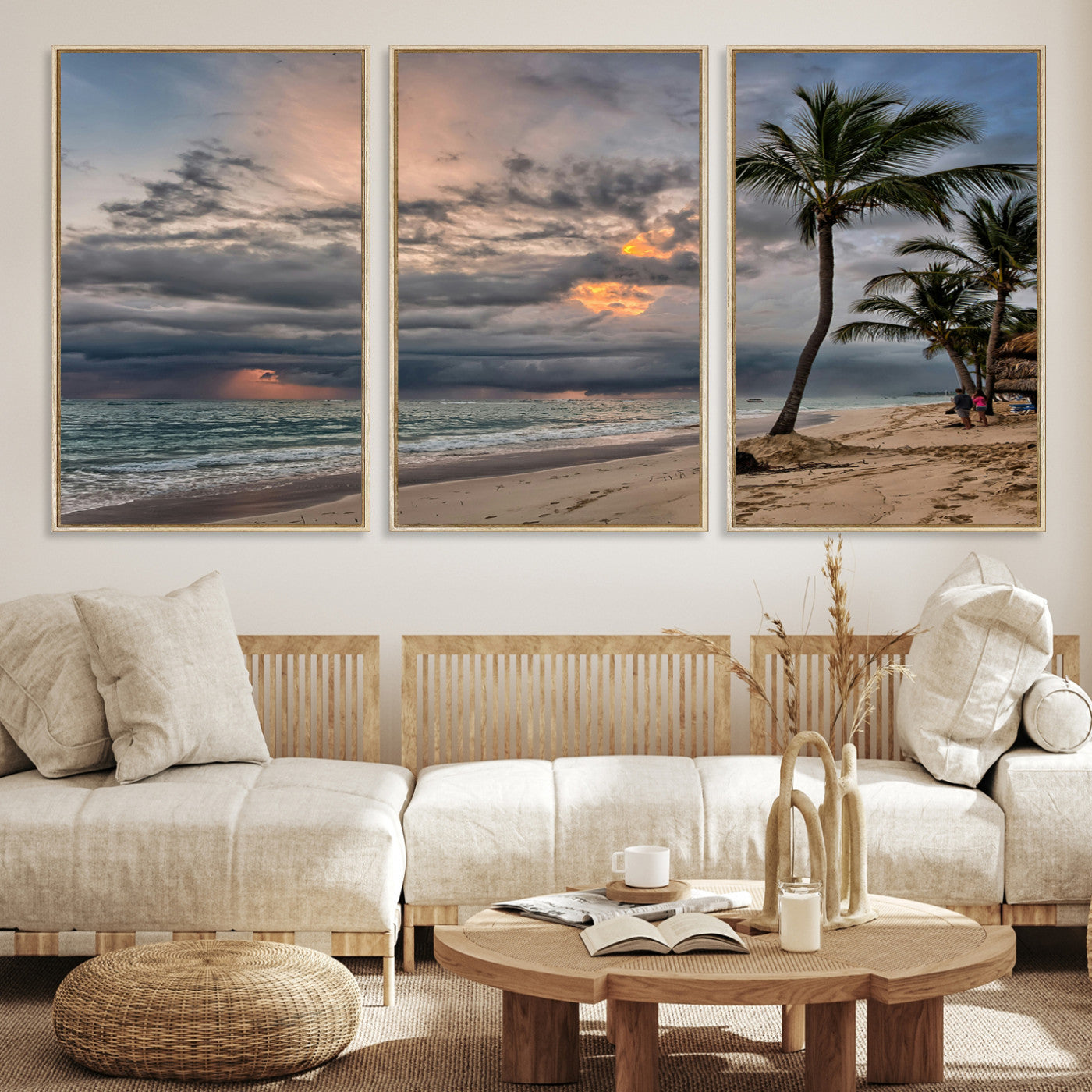 62574547-MGV-CV-36X24-Tropical Storm Wall Art Canvas Print, Moody Beach Print, Framed Dramatic Sky Art Print, Large Palm Tree Coast Printing Tropical