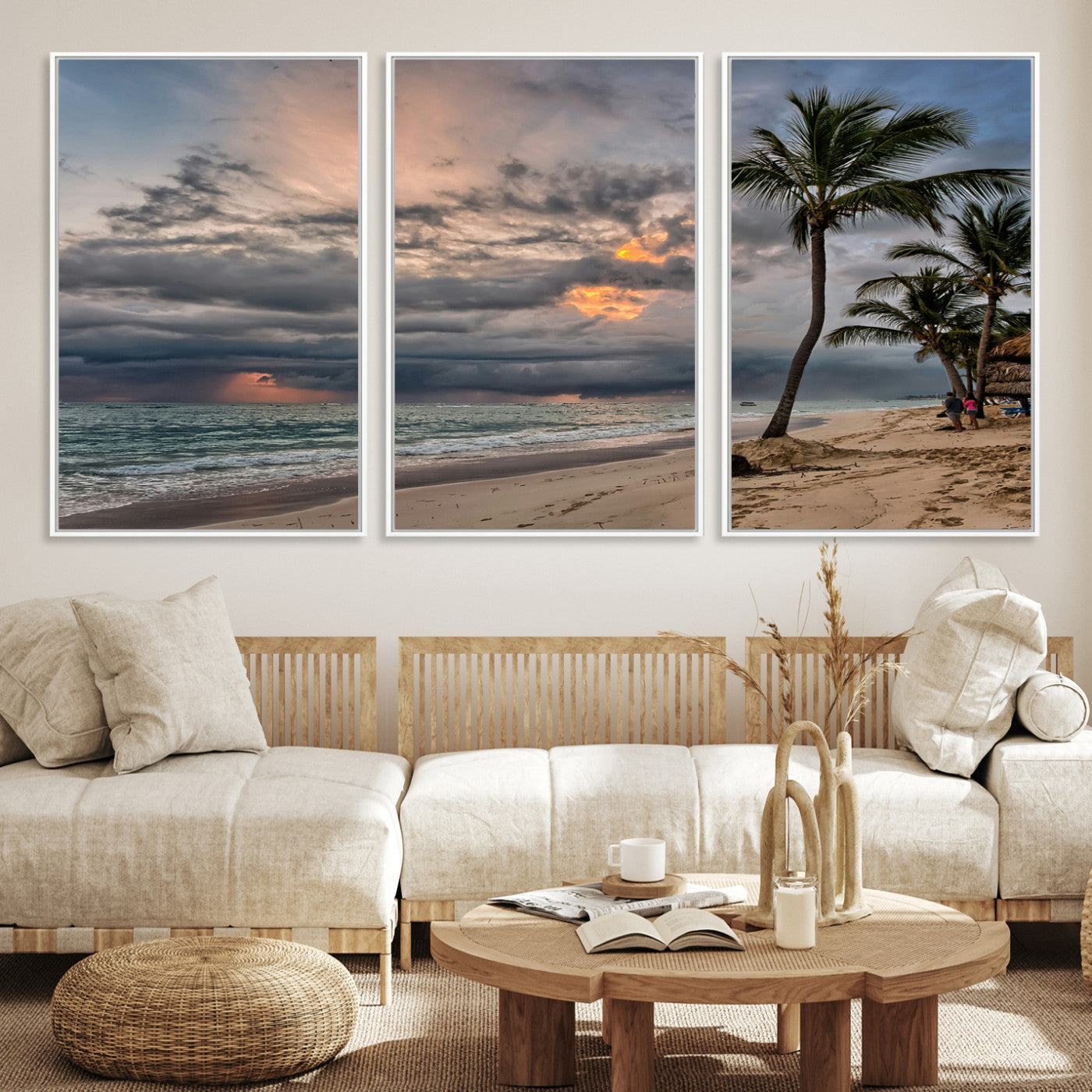 62574547-MGV-CV-36X24-Tropical Storm Wall Art Canvas Print, Moody Beach Print, Framed Dramatic Sky Art Print, Large Palm Tree Coast Printing Tropical