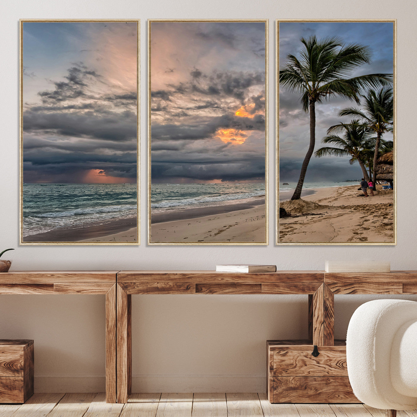 62574547-MGV-CV-36X24-Tropical Storm Wall Art Canvas Print, Moody Beach Print, Framed Dramatic Sky Art Print, Large Palm Tree Coast Printing Tropical