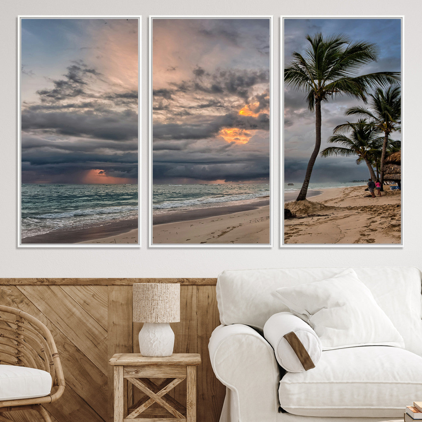 62574547-MGV-CV-36X24-Tropical Storm Wall Art Canvas Print, Moody Beach Print, Framed Dramatic Sky Art Print, Large Palm Tree Coast Printing Tropical