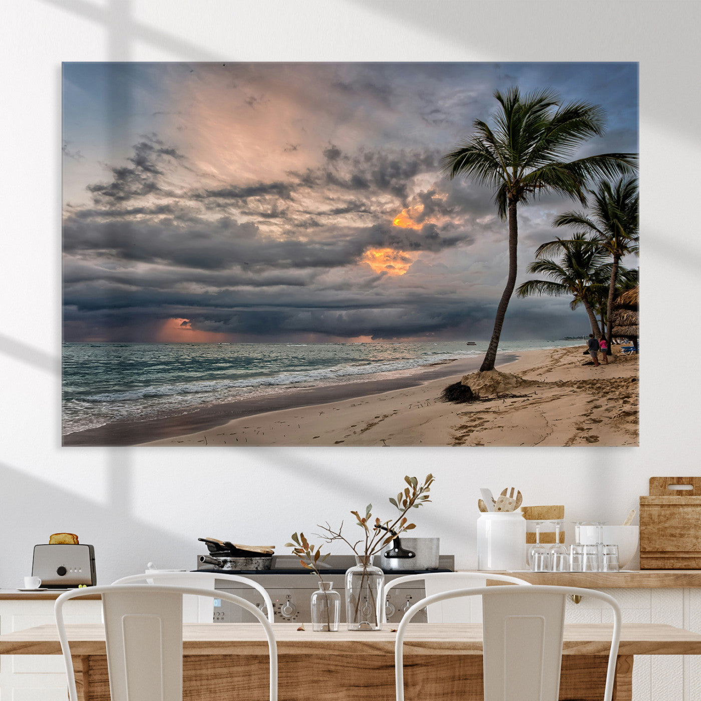 Tropical Storm Wall Art Canvas Print, Moody Beach Print, Framed Dramatic Sky Art Print, Large Palm Tree Coast Printing Tropical