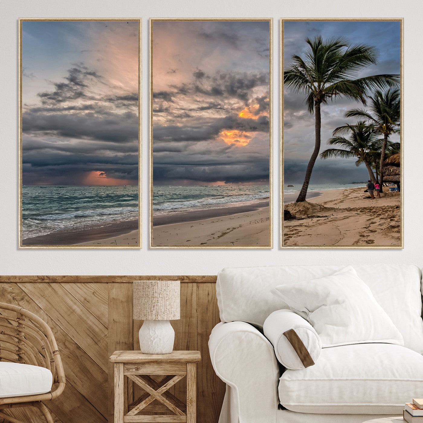 62574547-MGV-CV-36X24-Tropical Storm Wall Art Canvas Print, Moody Beach Print, Framed Dramatic Sky Art Print, Large Palm Tree Coast Printing Tropical