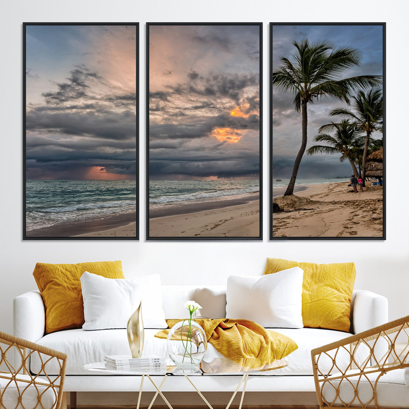 62574547-MGV-CV-36X24-Tropical Storm Wall Art Canvas Print, Moody Beach Print, Framed Dramatic Sky Art Print, Large Palm Tree Coast Printing Tropical
