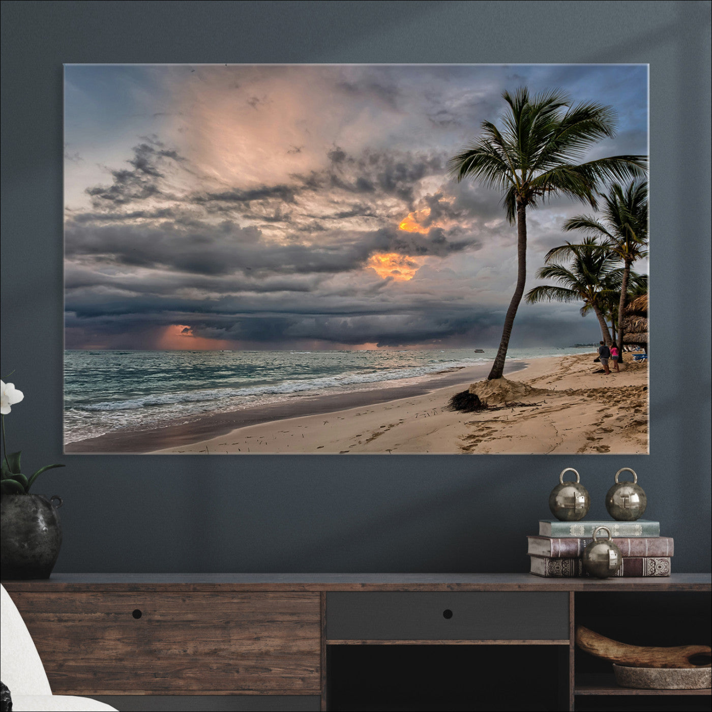 Tropical Storm Wall Art Canvas Print, Moody Beach Print, Framed Dramatic Sky Art Print, Large Palm Tree Coast Printing Tropical