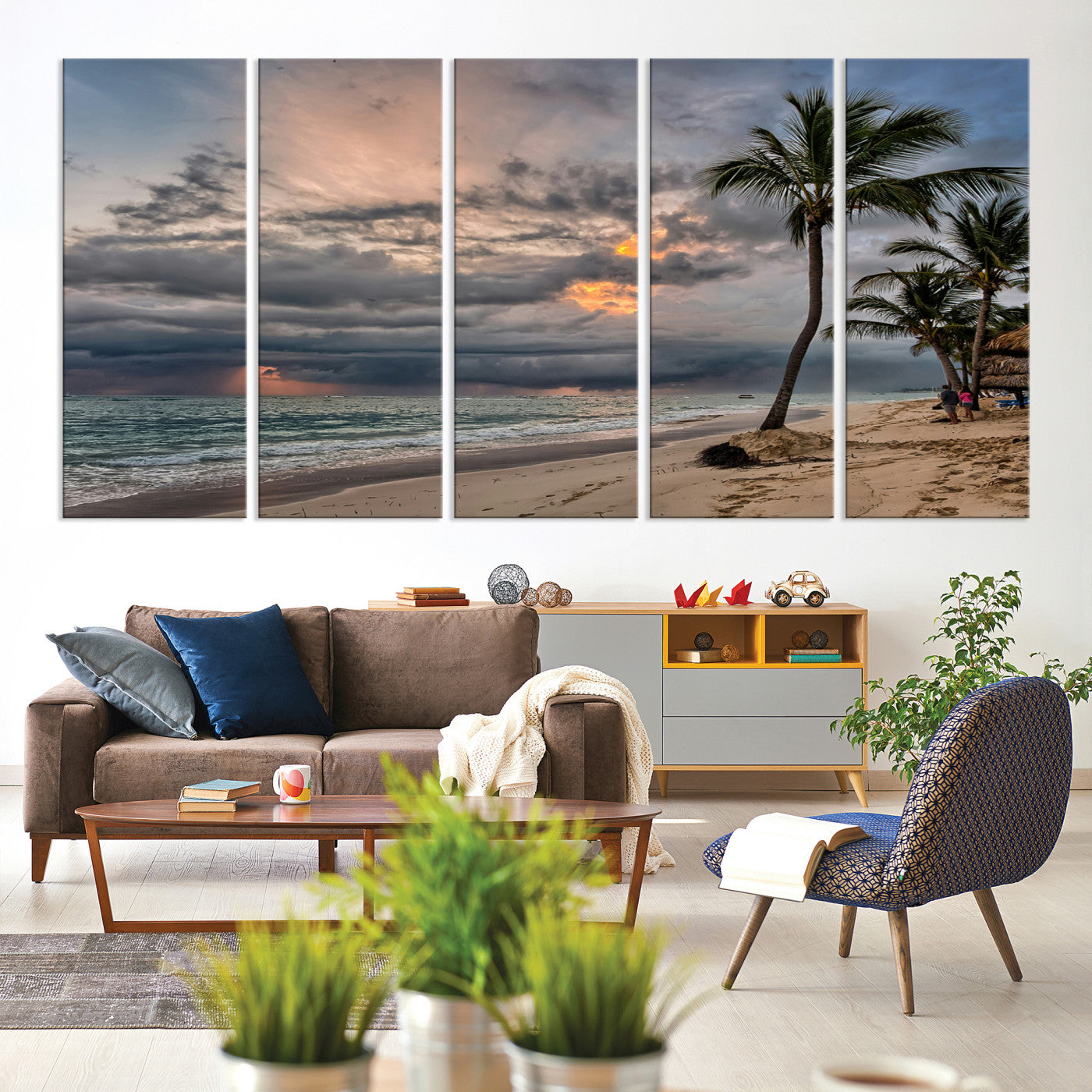 62574547-MGV-CV-60X31-5P-Tropical Storm Wall Art Canvas Print, Moody Beach Print, Framed Dramatic Sky Art Print, Large Palm Tree Coast Printing Tropical