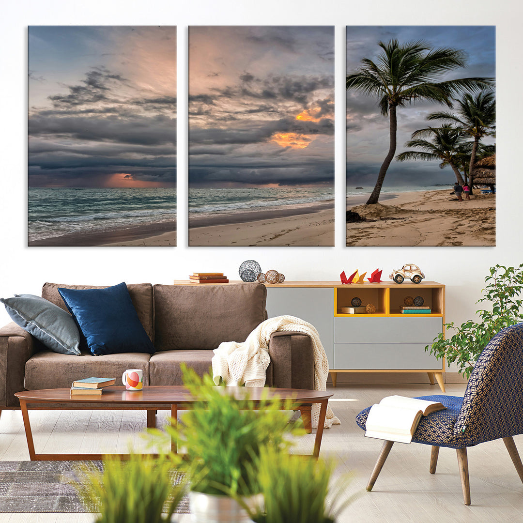 Tropical Storm Wall Art Canvas Print, Moody Beach Print, Framed Dramatic Sky Art Print, Large Palm Tree Coast Printing Tropical