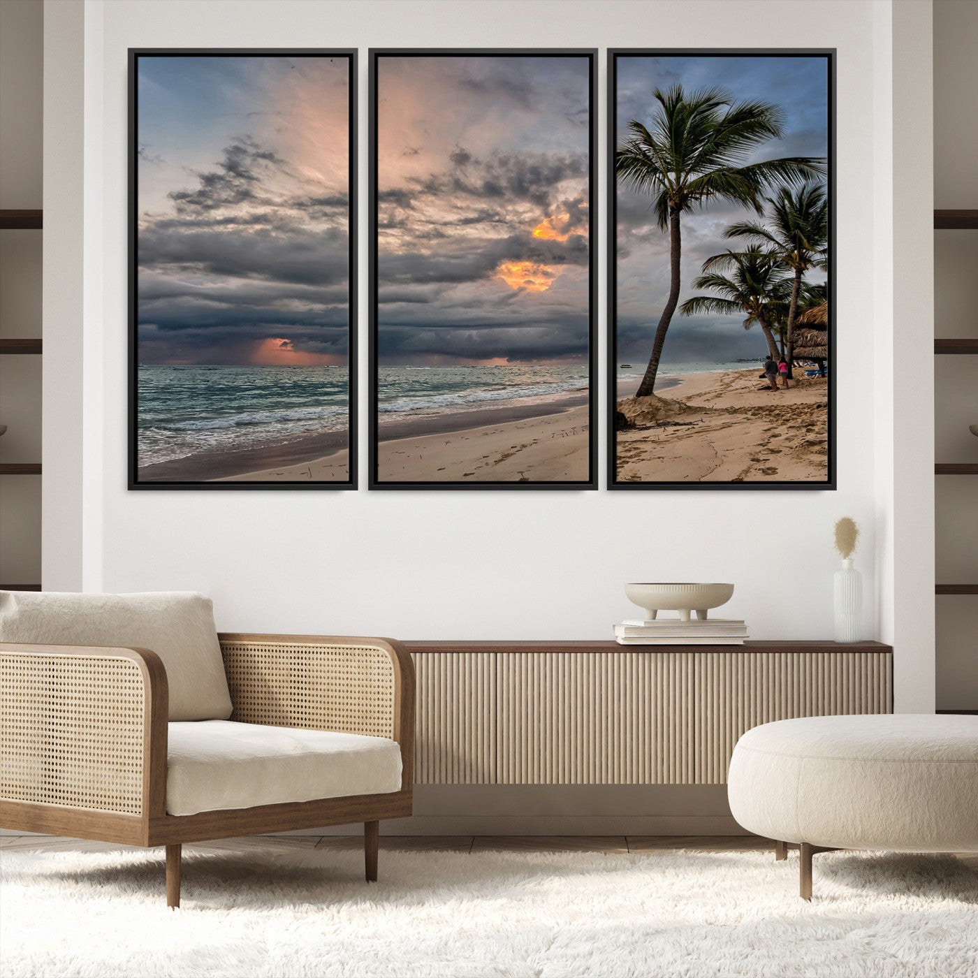 62574547-MGV-FC-48X32-3P_Black-Tropical Storm Wall Art Canvas Print, Moody Beach Print, Framed Dramatic Sky Art Print, Large Palm Tree Coast Printing Tropical