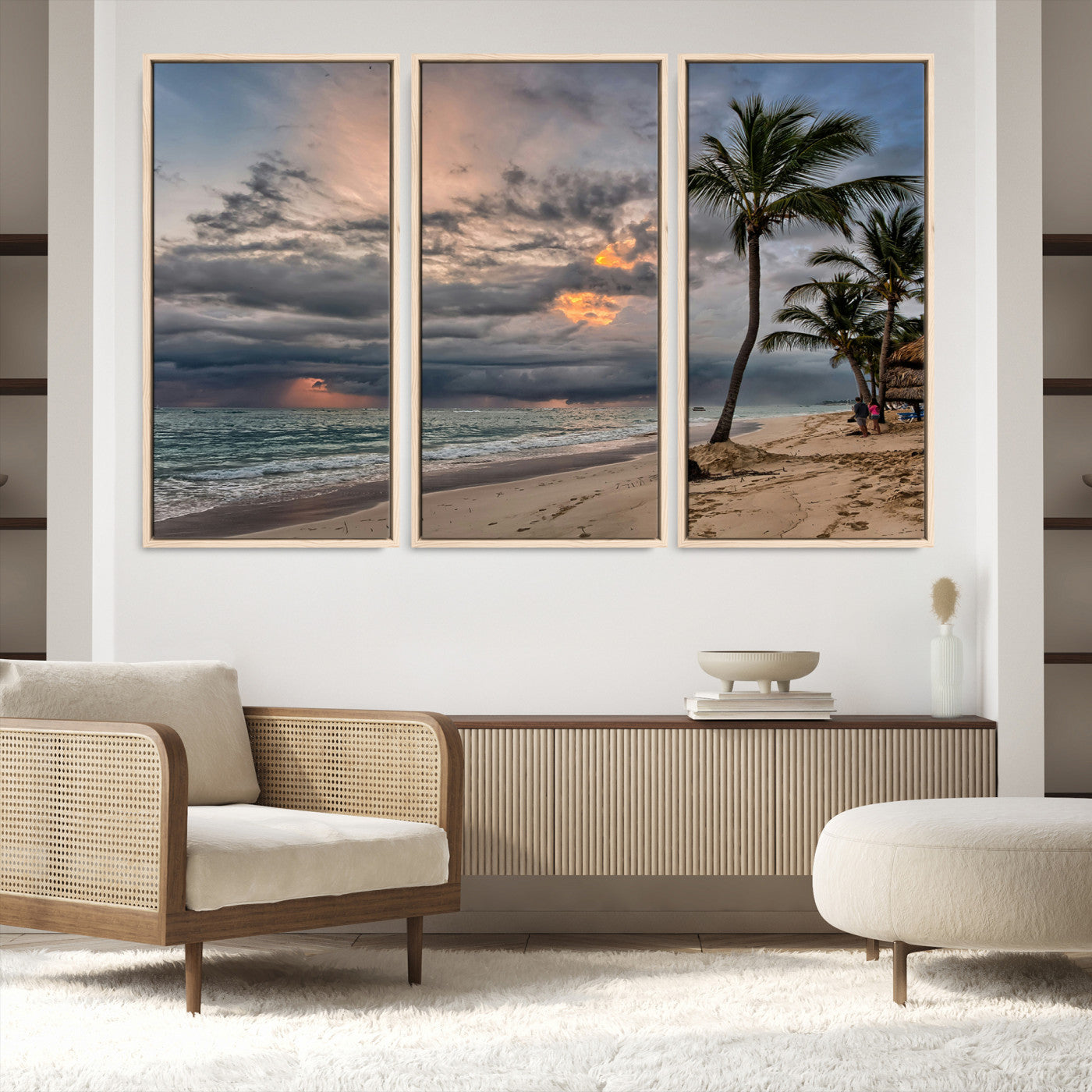 62574547-MGV-FC-48X32-3P_Natural-Tropical Storm Wall Art Canvas Print, Moody Beach Print, Framed Dramatic Sky Art Print, Large Palm Tree Coast Printing Tropical