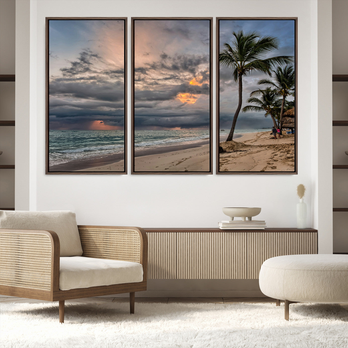 62574547-MGV-FC-48X32-3P_Walnut-Tropical Storm Wall Art Canvas Print, Moody Beach Print, Framed Dramatic Sky Art Print, Large Palm Tree Coast Printing Tropical